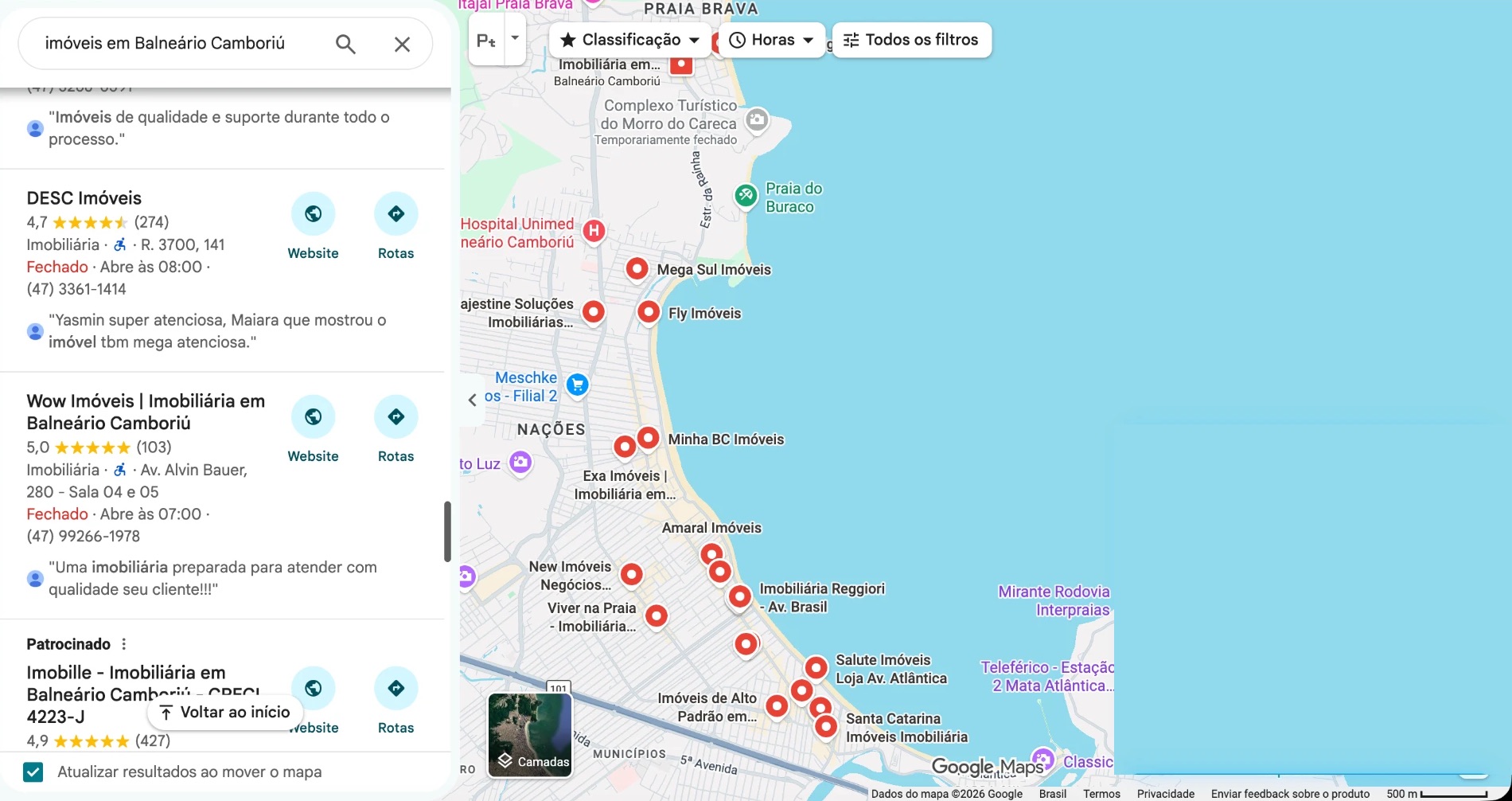 Google Maps com uma busca por imobiliárias em Balneário Camboriú